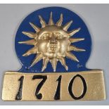 Cast iron Sun Insurance Fire Sign/Fire Mark, marked 1710 with impressed marks Salop Iron to the