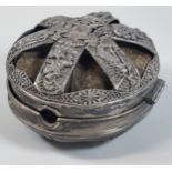 Continental silver plated watch case of large proportions with various armorials and figures,