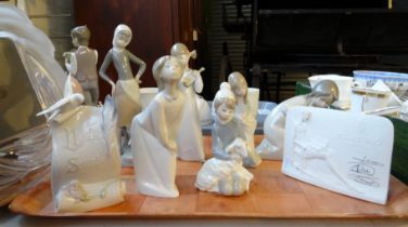 Tray of Lladro Spanish porcelain to include: Lladro collectors society scroll with dove and plaque