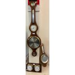 Reproduction mahogany wheel barometer by Comitti of London together with a modern German clock and