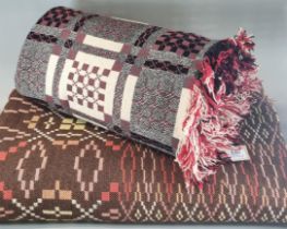 Two vintage woollen Welsh tapestry blankets with geometric designs and fringed edges. (2) (B.P.