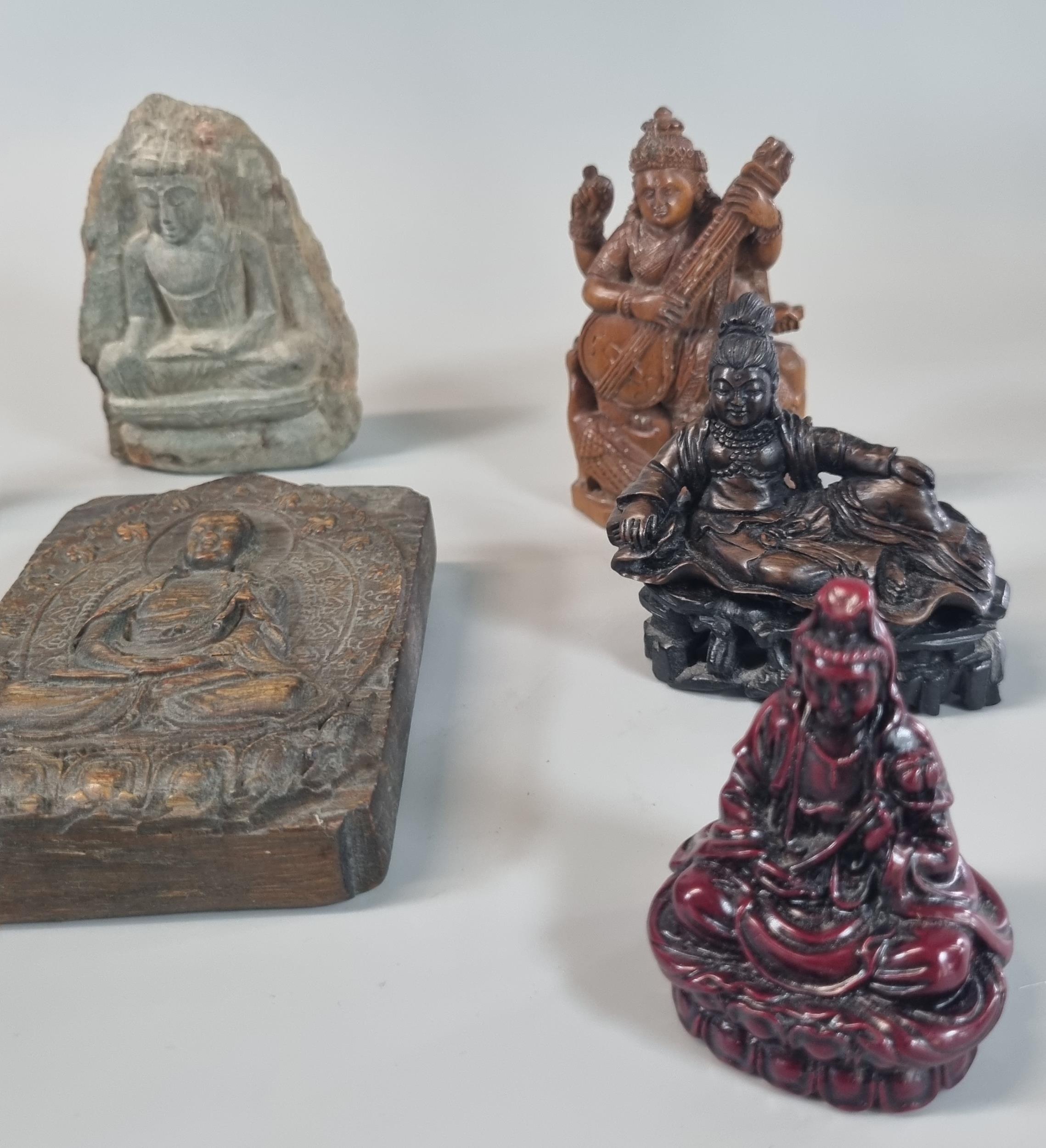 Collection of carved Buddha and other figurines, resin, stone and wood. (8) (B.P. 21% + VAT) - Image 3 of 3