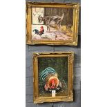 Elizabeth Webber (British 20th century), goat and cockerel in a barn, signed. Oils on canvas.