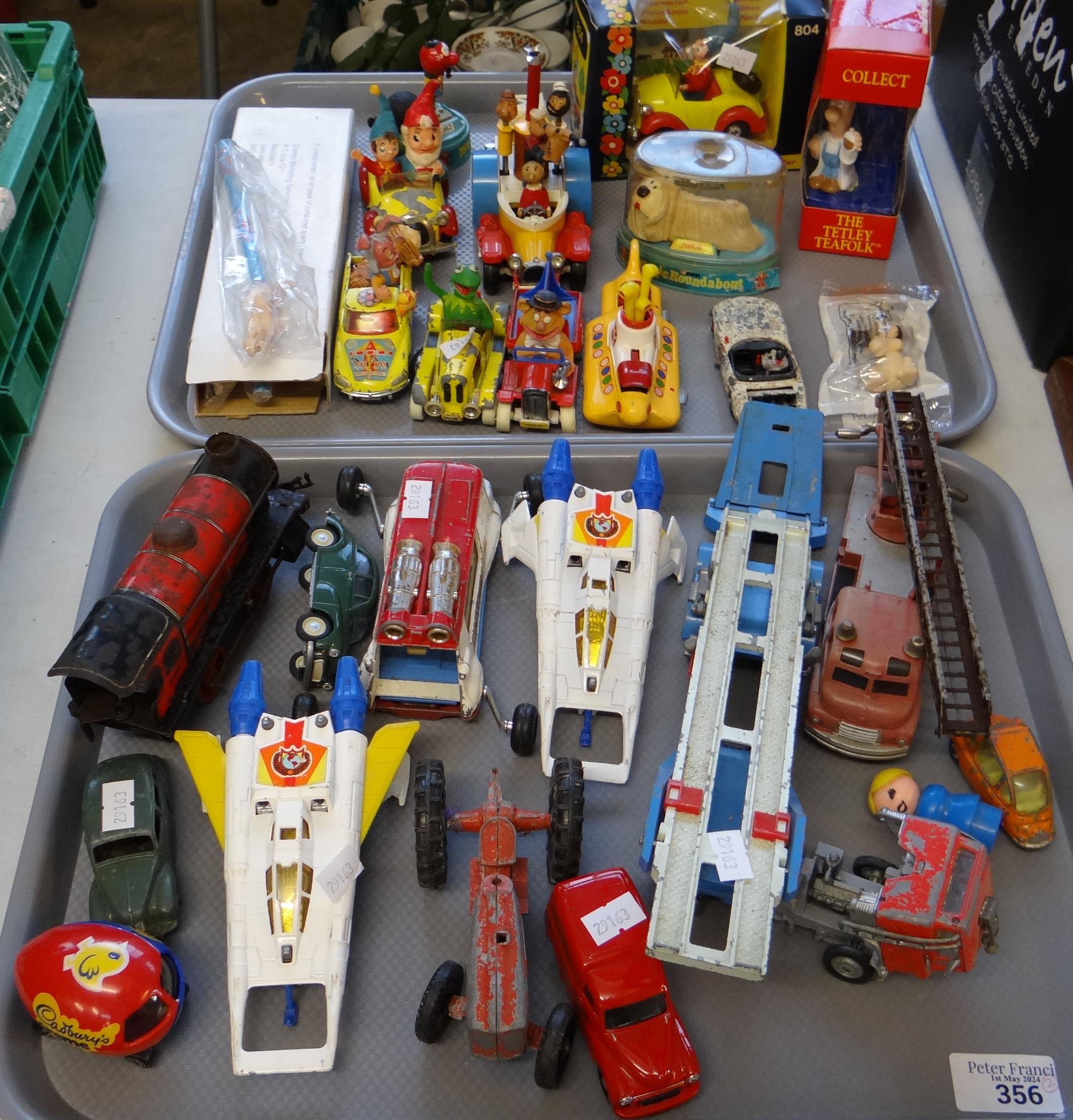 Two trays of mainly playworn diecast model vehicles to include: Corgi Toys Popeye Paddle Wagon,