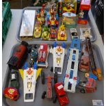 Two trays of mainly playworn diecast model vehicles to include: Corgi Toys Popeye Paddle Wagon,