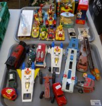 Two trays of mainly playworn diecast model vehicles to include: Corgi Toys Popeye Paddle Wagon,
