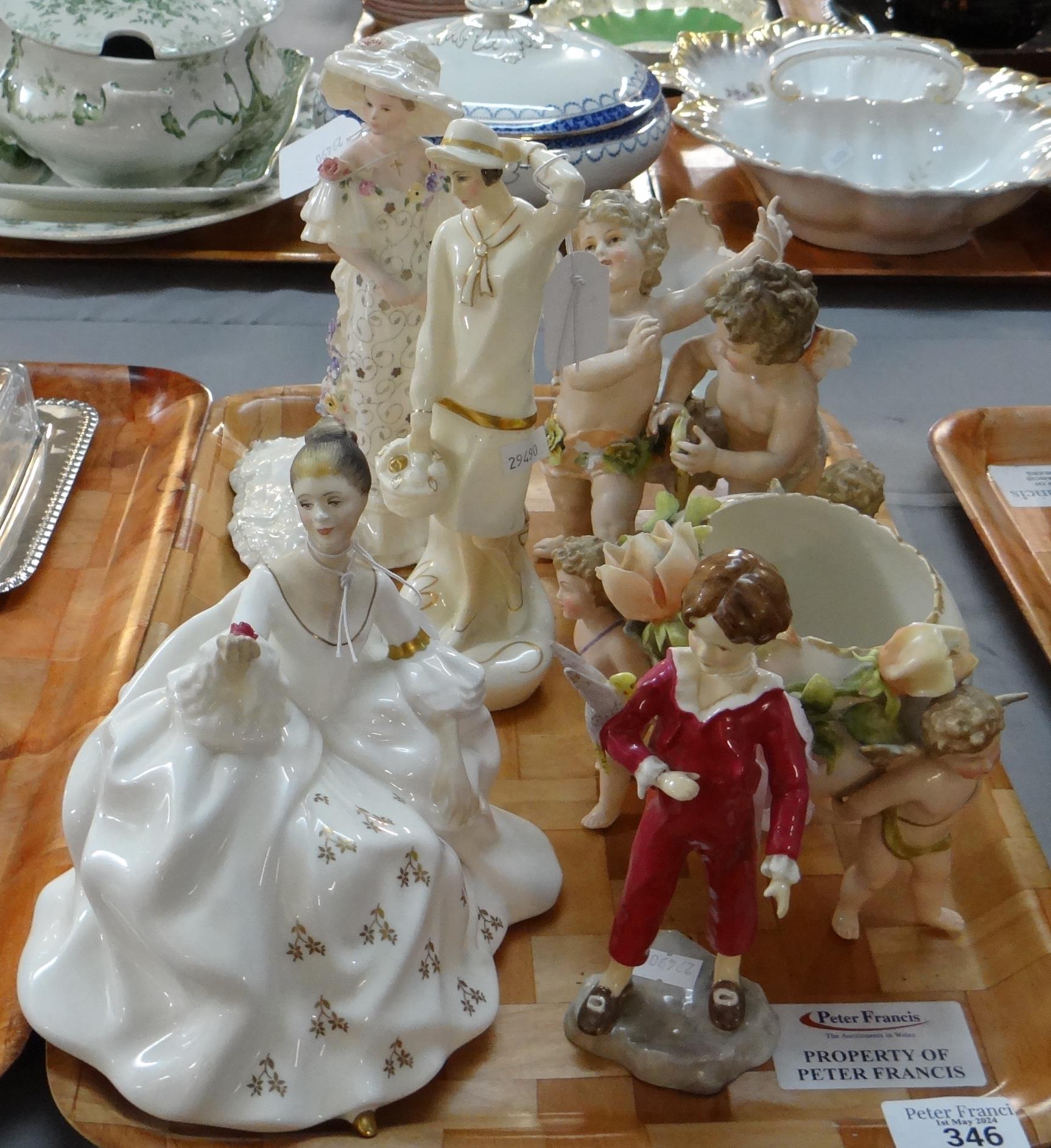 Tray of china to include: various figurines; Royal Worcester 'The Parakeet' 3087, Royal Doulton '