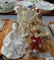 Tray of china to include: various figurines; Royal Worcester 'The Parakeet' 3087, Royal Doulton '