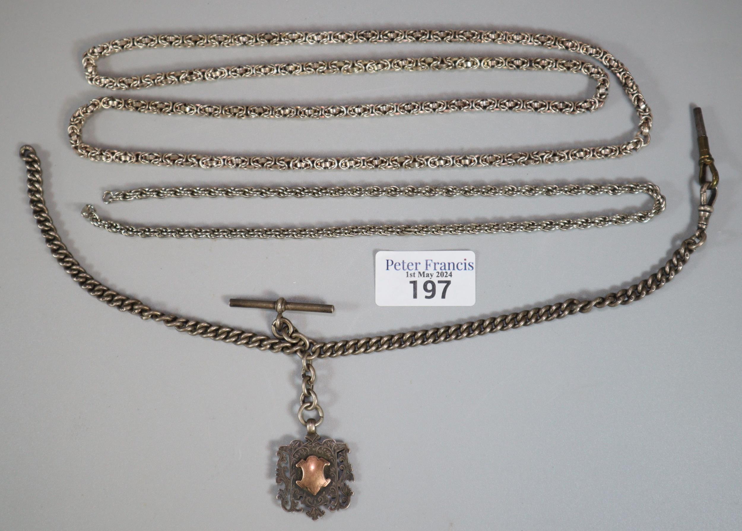 Silver curb link T Bar Albert pocket watch chain with fob together with two other white metal