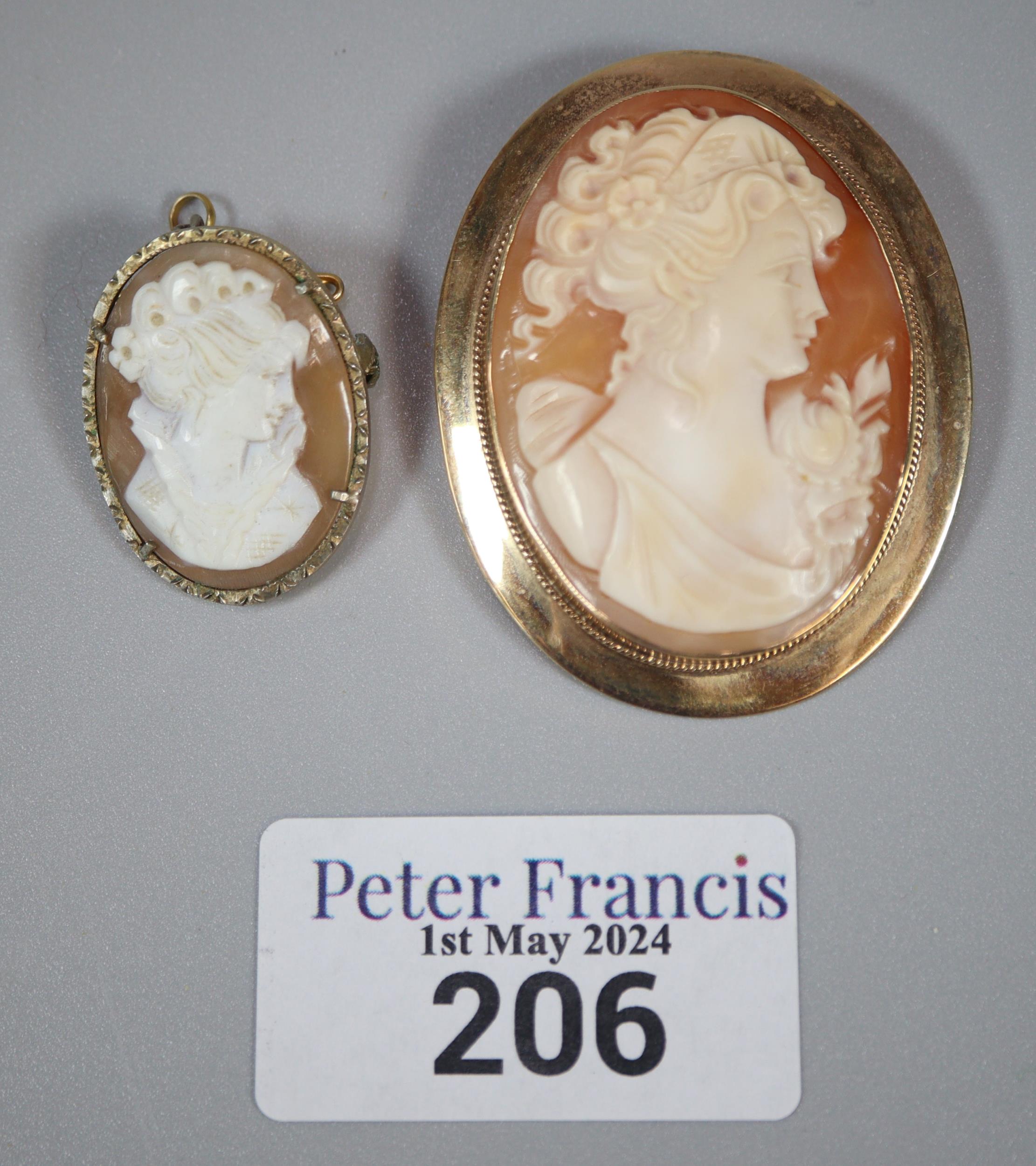 9ct gold cameo portrait brooch together with a silver cameo portrait brooch. (2) (B.P. 21% + VAT)