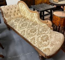 Victorian upholstered show-frame chaise lounge on baluster turned legs. (B.P. 21% + VAT)
