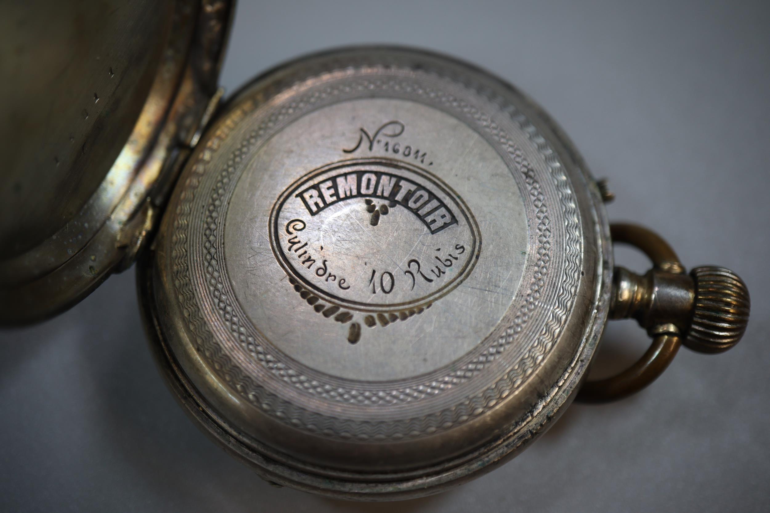 Swiss white metal open faced keyless pocket watch with Roman face and seconds dial together with two - Image 3 of 3