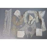 Collection of antique handmade lace collars, cotton neckties, lace jabot, lace and embroidered