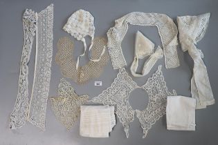 Collection of antique handmade lace collars, cotton neckties, lace jabot, lace and embroidered