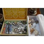 Wooden box comprising assorted souvenir spoons together with a box of marine shells including;