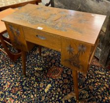 Vintage oak ladies desk/work table, the top carved with figure, horse, carts and palm trees. 67cm