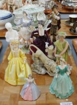 Tray of china and pottery figurines to include: various Coalport figurines; Valentine Debutante '