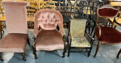 Collection of chairs to include: prie-dieu chair, Victorian walnut button back show frame fireside