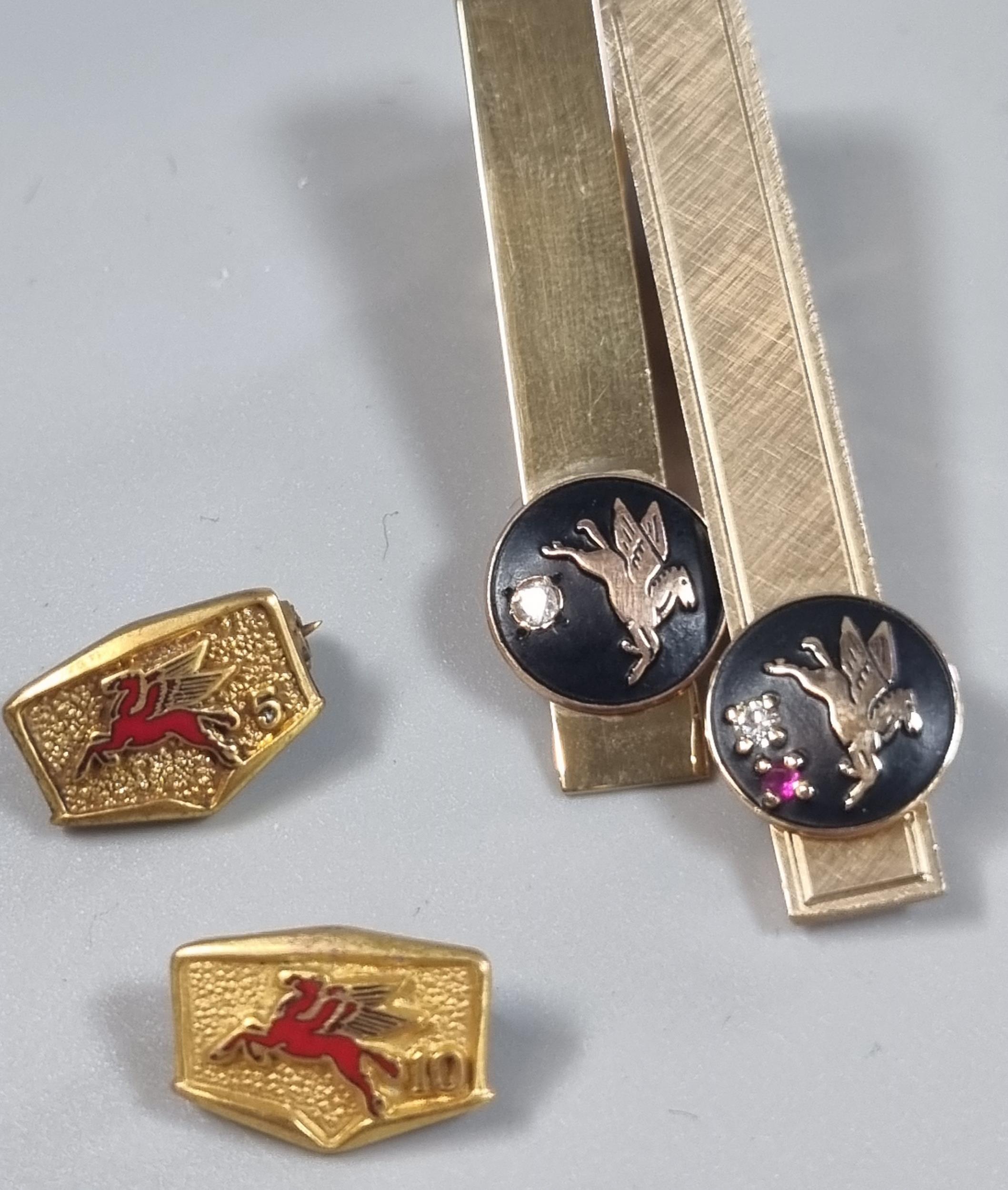 Two similar tie pins, one marked 10K, both with gold pendants of Pegasus horse, ruby and diamonds. - Image 2 of 3