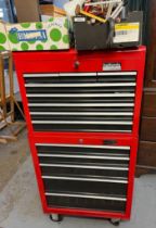 Halfords Professional metal two tier tool chest, the drawers revealing various tools together with