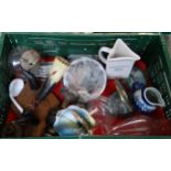 Crate of assorted items to include: small oil lamps, clear glass chimneys, Greenalls jug, blue and