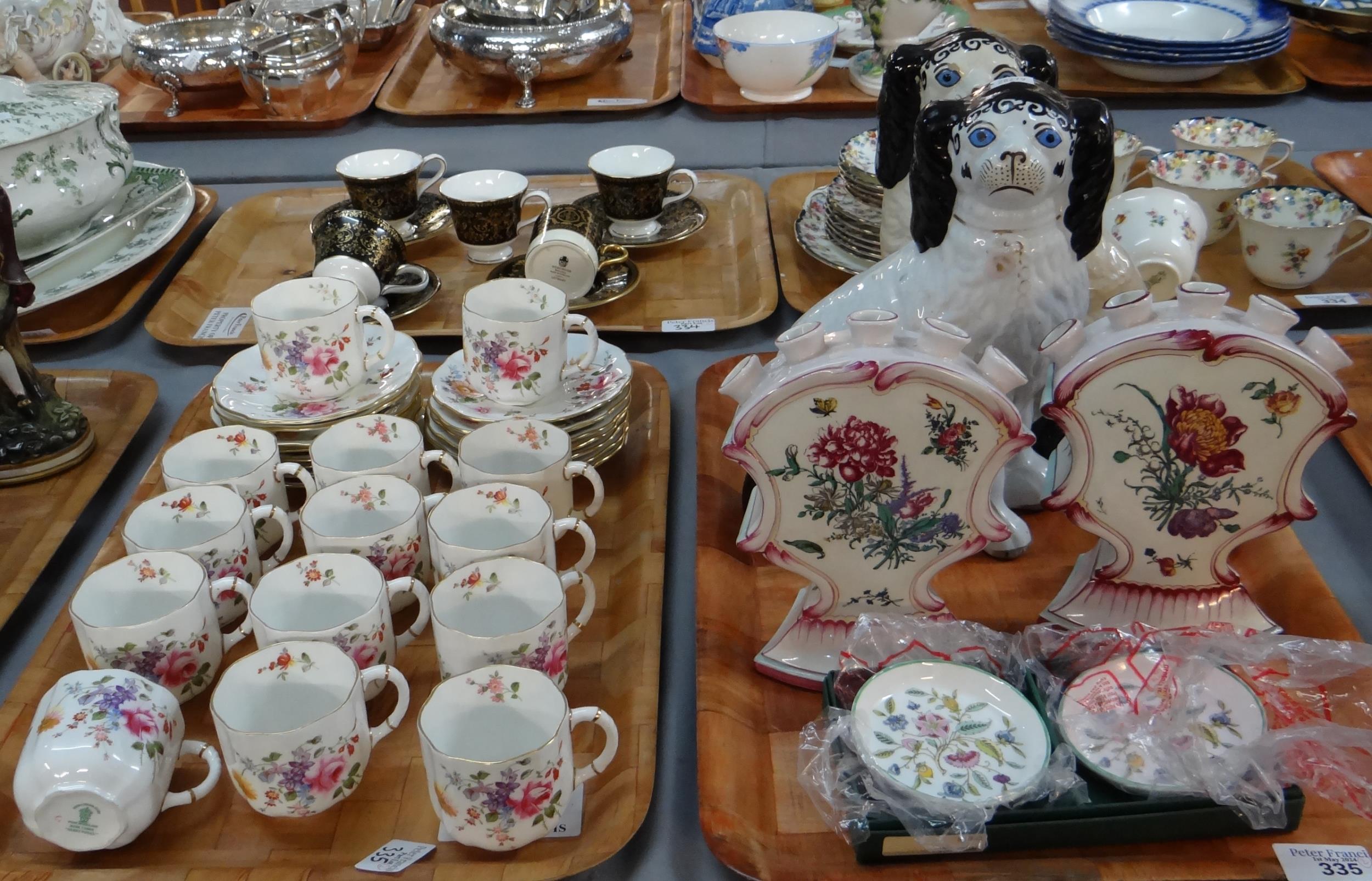 Two trays of mostly china to include: fourteen Royal Crown Derby 'Derby Posies' coffee cups and