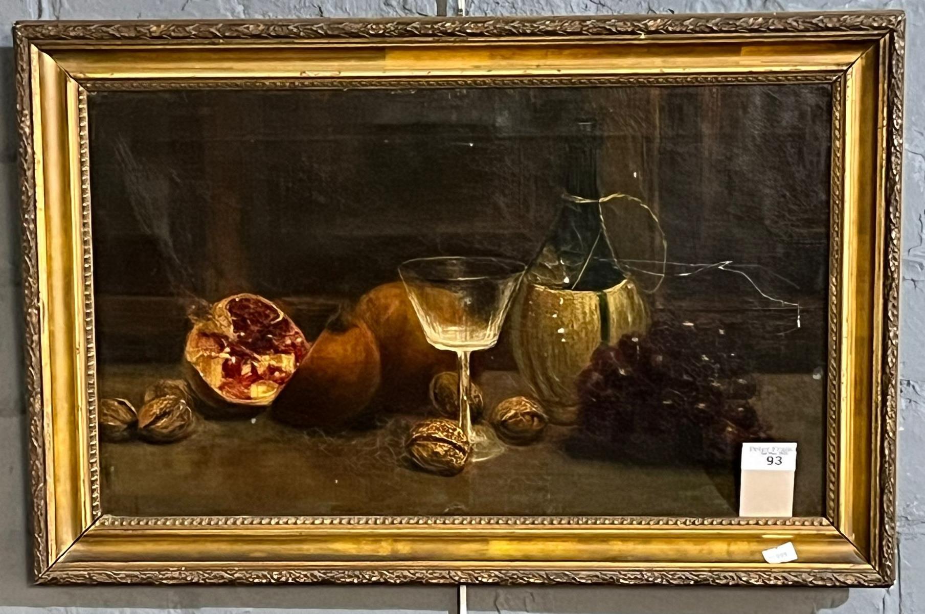 British school (19th century), still life study of fruit with wine glass and bottle. Oils on canvas.