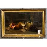 British school (19th century), still life study of fruit with wine glass and bottle. Oils on canvas.