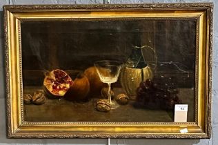 British school (19th century), still life study of fruit with wine glass and bottle. Oils on canvas.