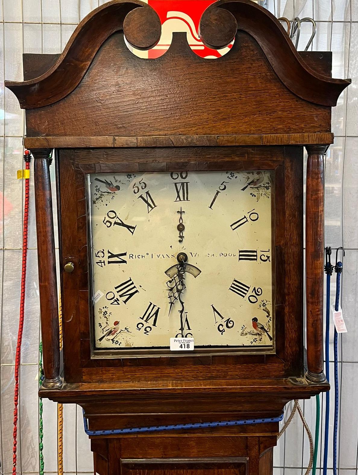 19th century Welsh oak 30 hour long cased clock, the face re-painted and marked Richard Evans of