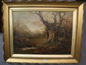 M F Woodward (British early 20th century), Deer and Rabbits around an ancient Oak tree, signed dated