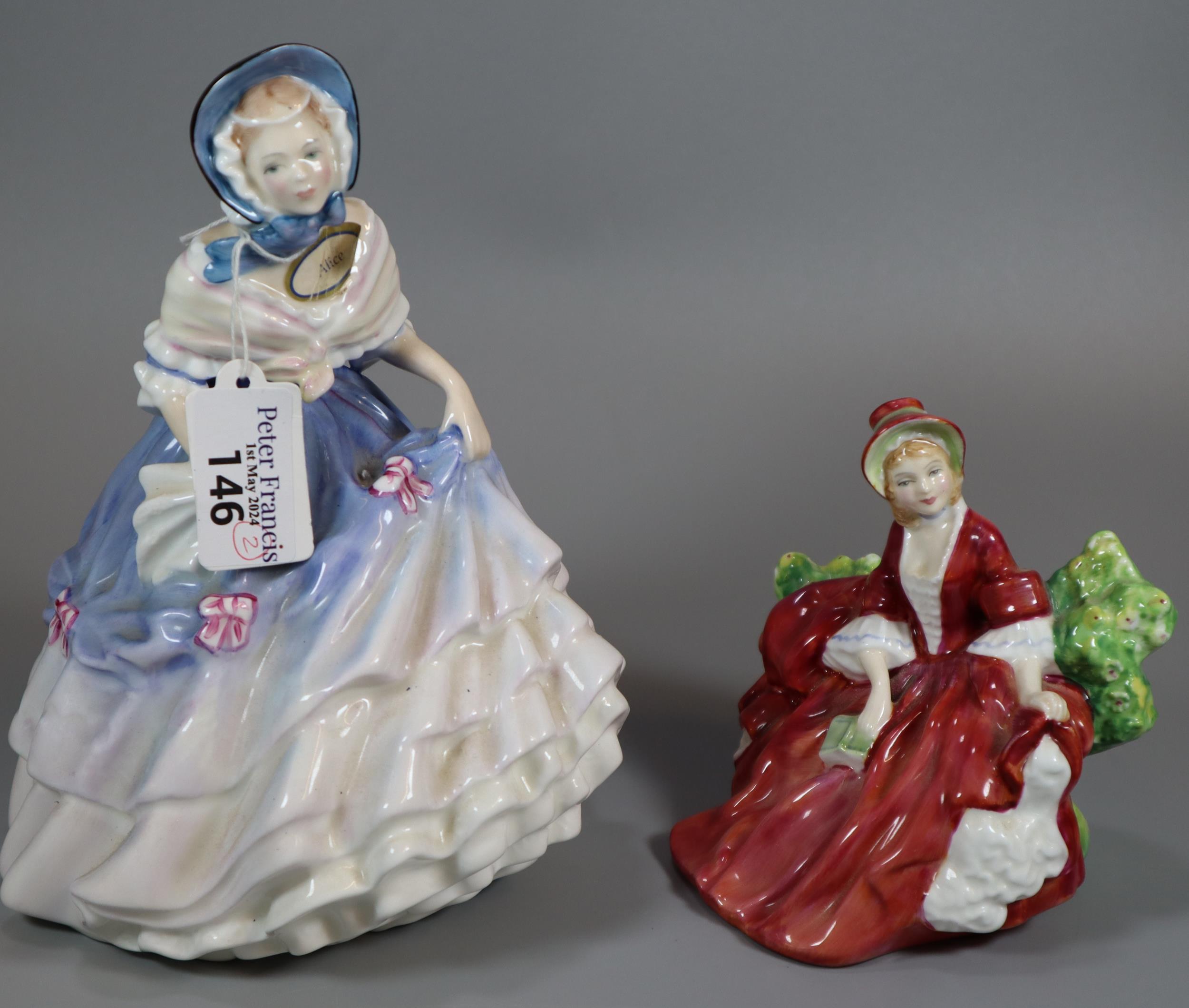 Two Royal Doulton English bone china figurines; 'Alice' HN3368 and 'Lydia' HN1908. (2) (B.P. 21% +