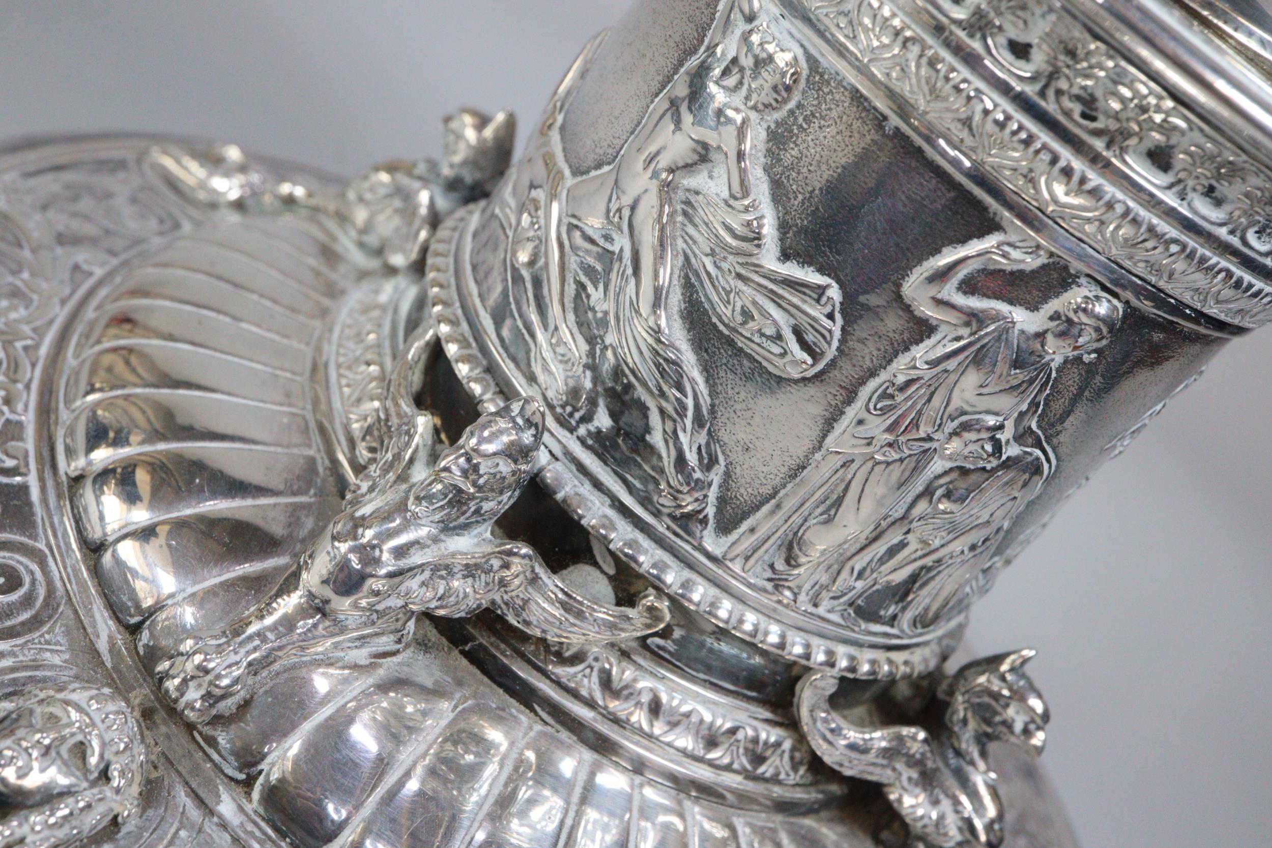An Elkington's Greek revival silverplated capstan shaped inkwell with figural cover, frieze of - Image 7 of 9