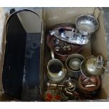 Box of metalware to include: brass magazine rack, ewer, bells, tankard, oil bottle, miniature items,