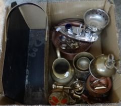 Box of metalware to include: brass magazine rack, ewer, bells, tankard, oil bottle, miniature items,