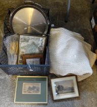 Box of assorted items to include: vintage cream crochet woollen blanket with 'Tranquilitie Valcel'