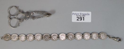 Silver coin bracelet and pair of Georgian wsilver sugar nips. (B.P. 21% + VAT)