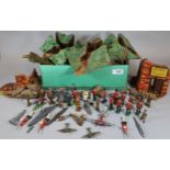Box of assorted vintage lead and other figures: soldiers, military interest with planes etc.