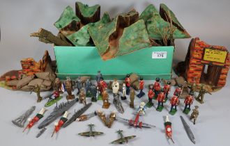 Box of assorted vintage lead and other figures: soldiers, military interest with planes etc.