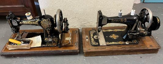 Two vintage cased sewing machines, Harris No.9 and Jones. (2) (B.P. 21% + VAT)