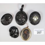 Collection of mainly Victorian mourning brooches/pendants, Pietra Dura design, amber coloured,