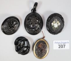 Collection of mainly Victorian mourning brooches/pendants, Pietra Dura design, amber coloured,