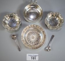 Pair of Birks Sterling salts with EPNS spoons, together with a small bowl with ribbon mount marked