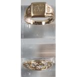 9ct gold signet ring with initials together with another 9ct gold pierced foliate ring. 5.7g approx.