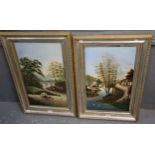 W Kingdon (British late 19th/early 20th century), pair of naïve river landscapes with figures,