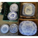 Three boxes of 19th Century blue and white china plates and meat plates in various designs; '