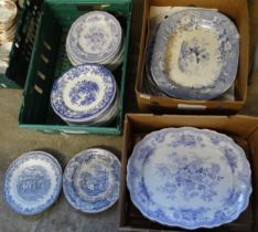 Three boxes of 19th Century blue and white china plates and meat plates in various designs; '