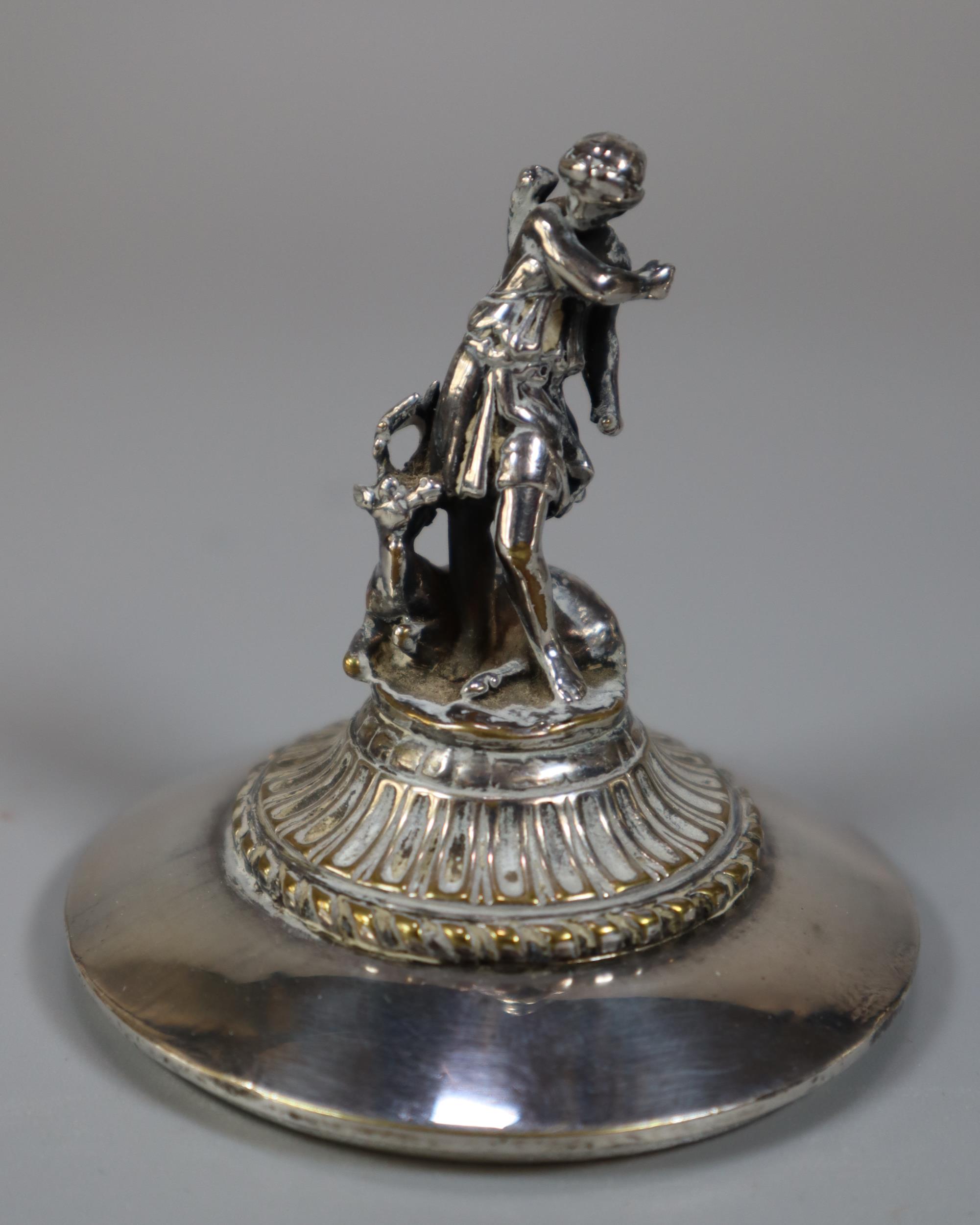 An Elkington's Greek revival silverplated capstan shaped inkwell with figural cover, frieze of - Image 5 of 9
