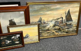 Brian Collings (British 20th century), study of Lowestoft Trawlers, signed. Oils on board. 50x75cm
