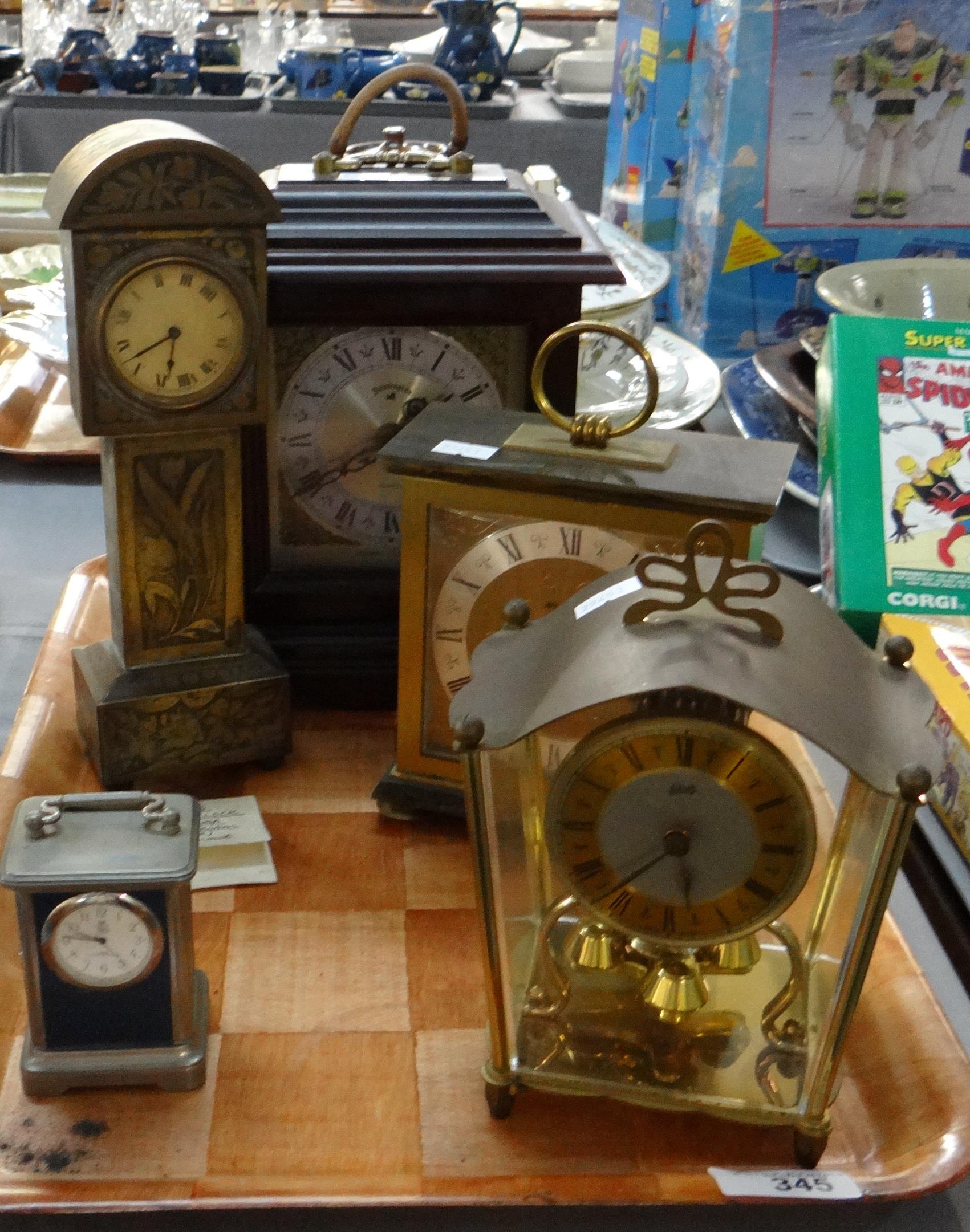 Tray of clocks to include; wooden cased Kensington quartz mantel clock, Staiger and Schatz mantel